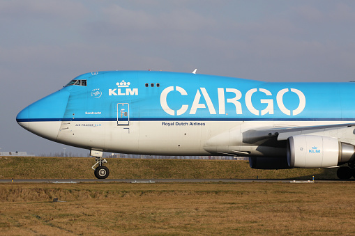 A close-up view of the KLM Boeing 747-400 freighter with registration PH-CKA taxiing to the runway for departure at Amsterdam Schiphol Airport (AMS / EHAM).