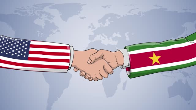 Cooperation between USA and SURINAME in front of world map. The concept of America, handshake, politics, country flags, celebrate, international friendship relations, diplomats shaking hands, businessman, armed forces agreement, war and peace
