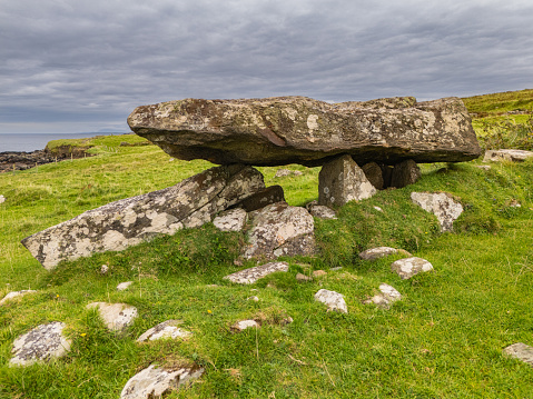 The Brownshill Dolmen, officially known as Kernanstown Cromlech, a magnificent megalithic granite capstone, weighing about 103 tonnes, located in County Carlow, Ireland.