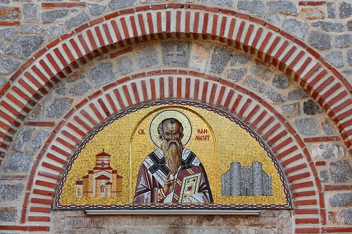 Modern mosaic depicting Saint Climent -Sveti Kliment- over the exonarthex entrance on the north front, Saints Clement and Panteleimon Church -Crkva Sveti Kliment i Pantelejmon-. Ohrid-North Macedonia.
