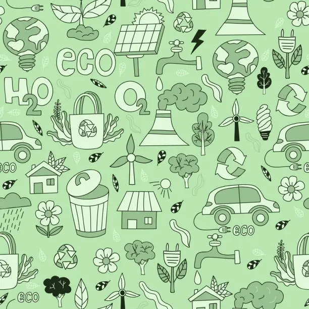 Vector illustration of Ecology and ecological lifestyle. Seamless pattern in hand drawn doodle style. Vector illustration on green background.