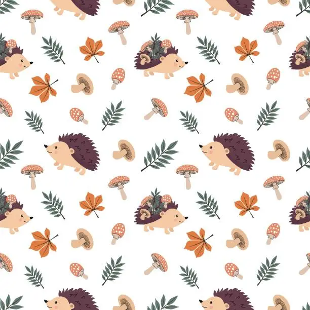Vector illustration of Seamless pattern with cute hedgehogs and mushrooms on a white background. Vector illustration