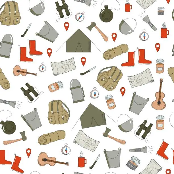 Vector illustration of Pattern Camping set, equipment for an amateur tourist. Traveling, hiking, tourism, outdoor recreation. Backpack, tent, mat, water flask, thermos, food. Rubber boots, compass. Doodle drawings. Vector seamless pattern.