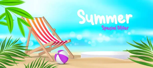 Vector illustration of summer sale offer banner template with product podium, Beach chair in sand, deck chair