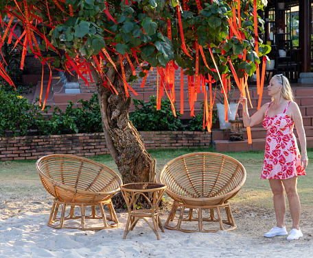 Mature woman admires tree decorated with red streamers for Tet Lunar New Year celebration