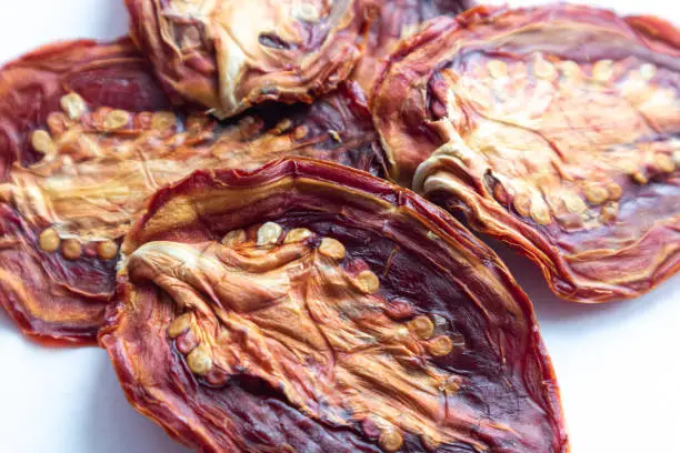 Background with dried tomatoes. Close-up.