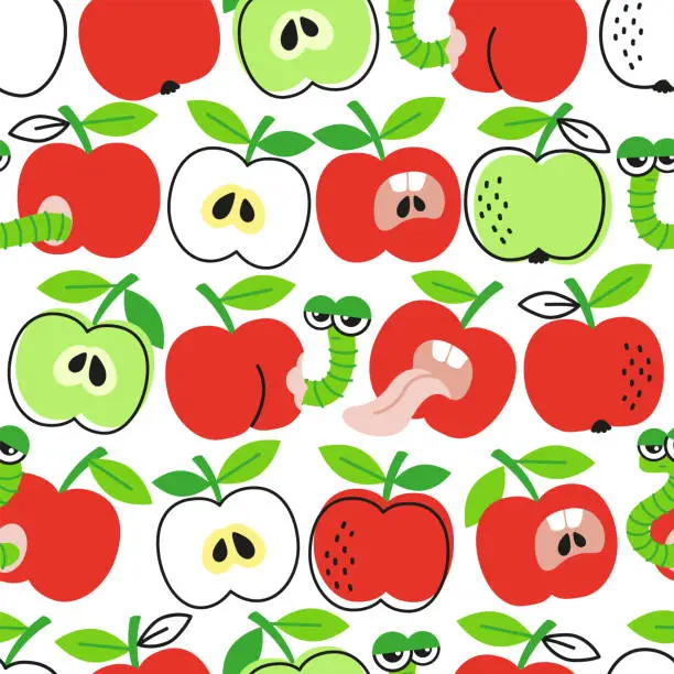 Vector illustration of Vector hand drawn seamless pattern in a doodle style. Red and green apples and caterpillar on dark background