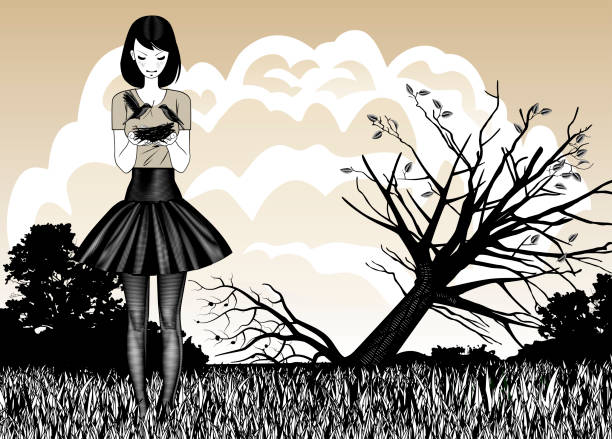 illustrazioni stock, clip art, cartoni animati e icone di tendenza di ragazza in piedi in gonna corta che tiene un nido d'uccello in mano tra un paesaggio con un albero rovesciato con le sue radici - colletto alzato