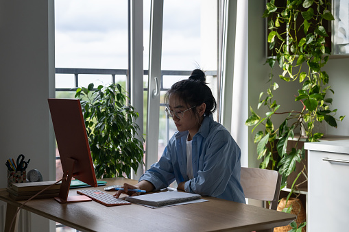 Focused Asian woman freelancer sits at table working on computer typing email. Concentrated Korean girl engaged in SMM promotion of companies in home office near window and houseplant. Work distant