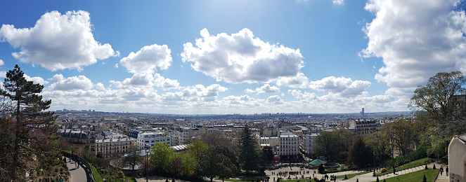 Panoramic shot captures the iconic cityscape, showcasing landmarks against the backdrop of the stunning Sacré-Coeur Basilica.
