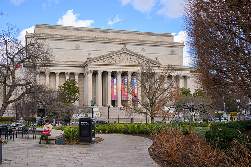 Washington DC, USA - January 26, 2024:  Front facade of the National Archives Building in Washington, DC. The National Archives Experience includes the permanent display of the Declaration of Independence, the Constitution, and the Bill of Rights.