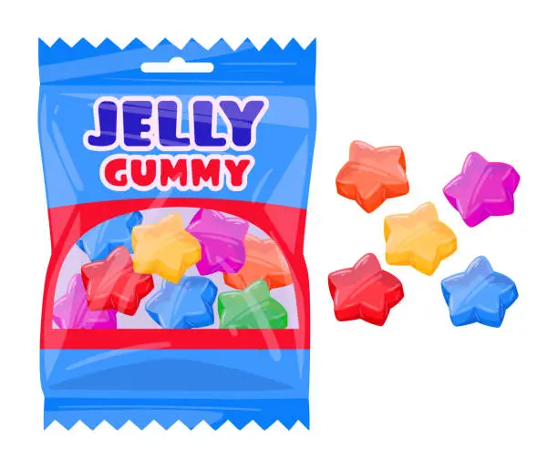 Vector illustration of Fruity gummies package. Chewy jelly candy sweets with fruit flavor flat vector illustration. Gummy jelly candies bag on white