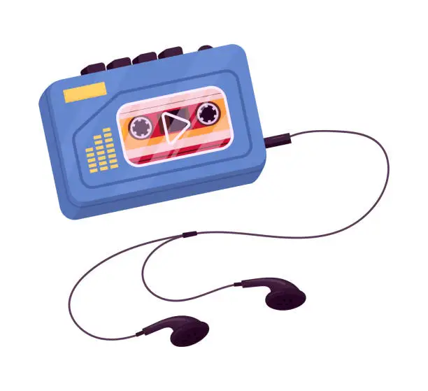 Vector illustration of Cassette player. Audio player and earphones, 90s portable audio music device flat vector illustration. Old school cassette player