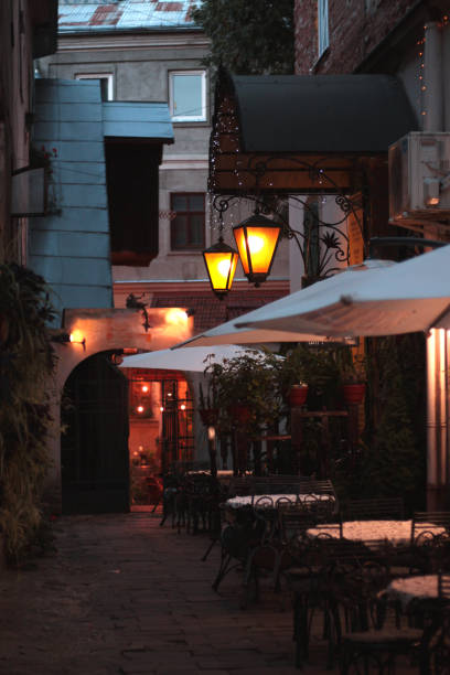 istock cafe canopy with lights on the street 1968071709