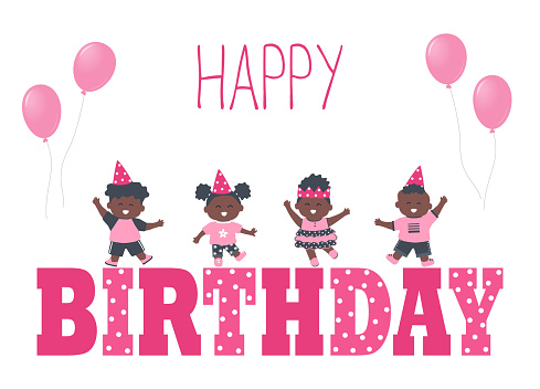 Birthday kids party. Greeting Card template. Invitation template. Cute black children dance on pink Birthday letters. Group of little kids have fun. Happy baby girls, baby boys. Vector illustration