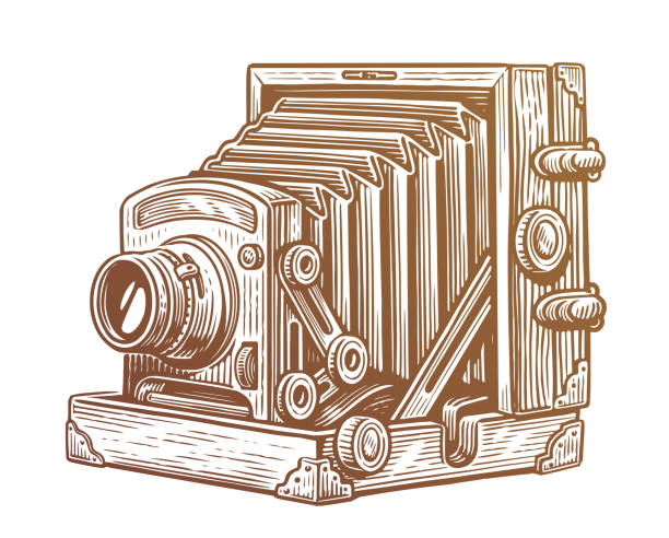 Old vintage camera with bellows. Retro wooden photo camera. Sketch vector illustration
