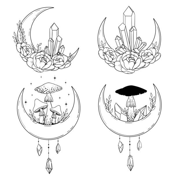 Vector line art mystical celestial magic witchcraft elements. Esoteric crescent moon, mushrooms, crystals, peone roses, stars, leaves, line art. Vector line art mystical celestial magic witchcraft elements. Esoteric crescent moon, mushrooms, crystals, peone roses, stars, leaves, line art. peone stock illustrations