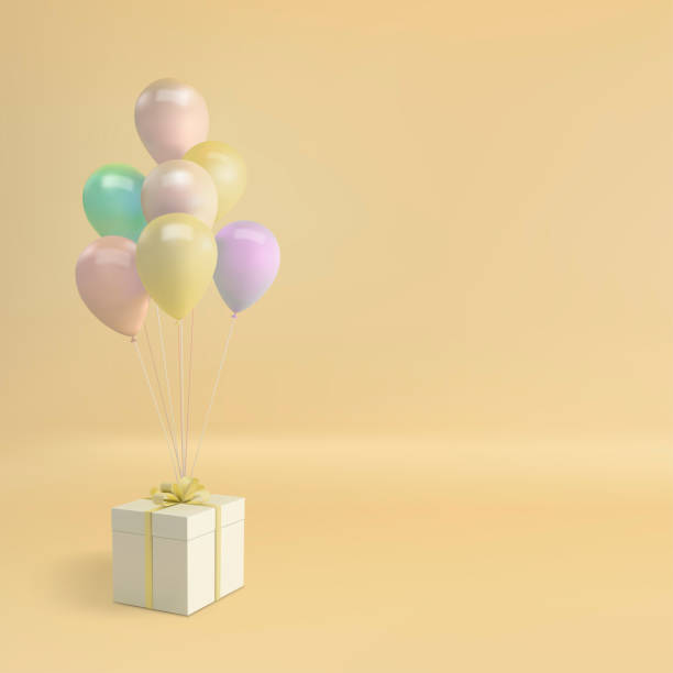 istock Vector illustration of realistic balloons and gift box with bow on yellow background. Empty space for party, promotion social media banners, posters. 1968115671