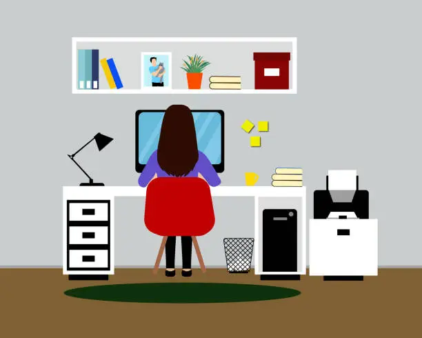 Vector illustration of Wide angle view of a woman sitting at a desk in her home office. He wears casual clothes and uses a desktop computer.