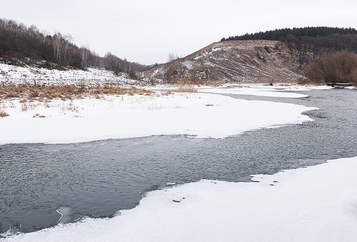 Winter river, banks in ice and high bank landscape