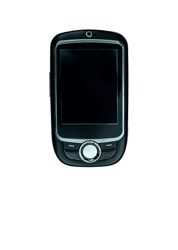 Close-up of an old and obsolete cell phone on a white background. Vertical.1