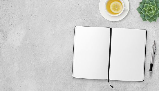 Cement table top with blank open book, a pen, a cup of hot lemon tea and a succulent plant