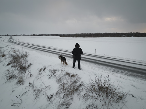 A man with a husky dog walks outdoors in winter. High quality photo