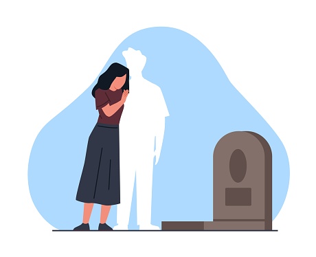 Wife pines for her dead husband. Crying woman near grave, man ghost. Missing love couple. Unhappy widow despair after man death or funeral, cartoon flat style isolated illustration. Vector concept