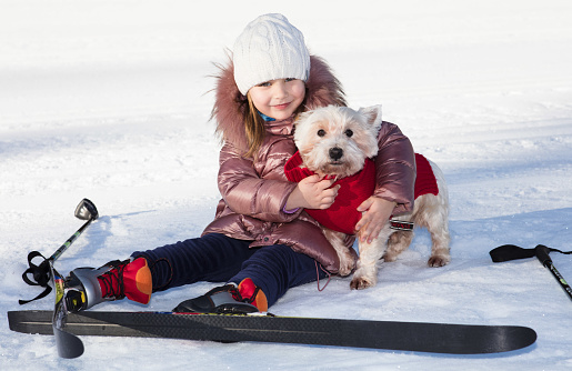 A little girl fell while learning to ski. Her little dog comes to help her. She embraces him.
