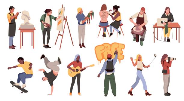 Creative professions people. Artisans at work, musician, graffiti artist, sculptor, puppeteer. Skater, dancer and photographer. Different crafts and hobbies, tidy vector cartoon flat set Creative professions people. Artisans at work, musician, graffiti artist, sculptor, puppeteer. Skater, dancer and photographer. Different crafts and hobbies, tidy vector cartoon flat isolated set woman tattoos stock illustrations