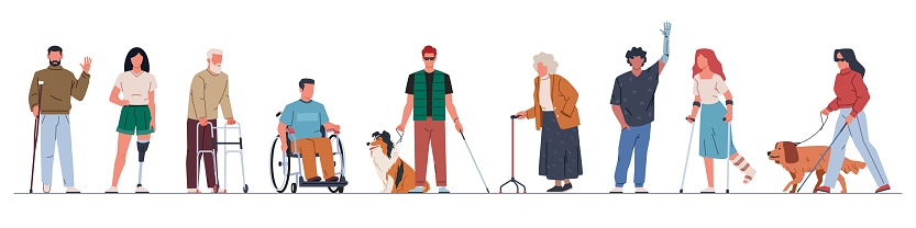 Disability people. Persons with various congenital and acquired injuries, adults with prosthetics, limbs lack, blindness. Paralyzed on wheelchair cartoon flat isolated illustration, nowaday vector set