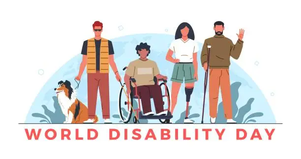 Vector illustration of World disability day. People group with prosthetics, walking stick, wheelchair against globe background, guide dog, banner or poster design, cartoon flat isolated nowaday vector concept