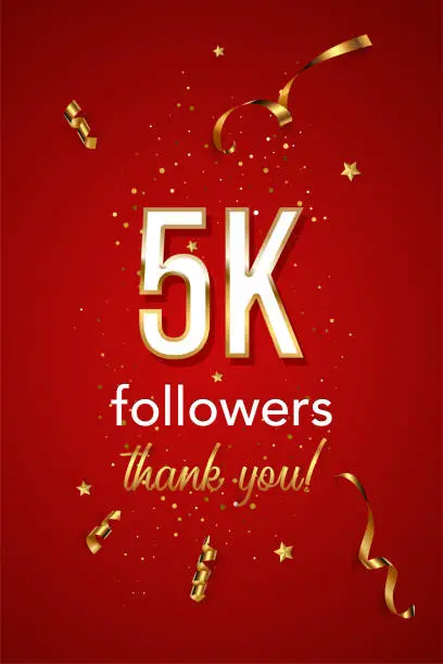 Vector illustration of 5k followers celebration vector banner. 3d social media achievement vertical poster. Five thousands followers thank you lettering. Golden sparkling confetti ribbons. Shiny gratitude text