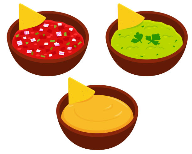 ilustraciones, imágenes clip art, dibujos animados e iconos de stock de set de ilustración de nachos mexicanos y salsa para mojar - guacamole bowl mexican culture drawing