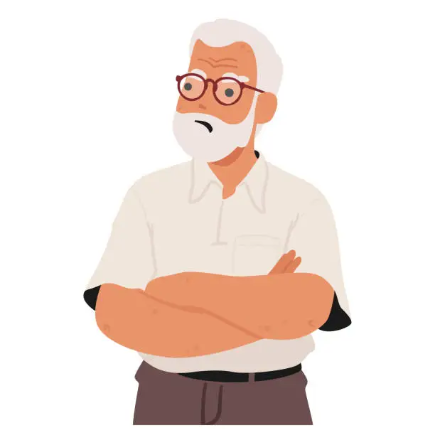 Vector illustration of An Elderly Man With A Stern Expression, Arms Crossed In Displeasure, Old Male Character Conveying Frustration Or Offense