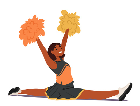 Energetic Cheerleader Girl Character, Pompoms Aglow, Dazzles With A Flawless Split. Vibrant Spirit, Impeccable Form, a Burst Of Athletic Prowess And School Pride In Motion. Cartoon Vector Illustration