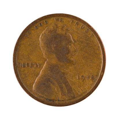 Close up of US currency,  Lincoln type, wheat ears from 1918. Includes clipping path.