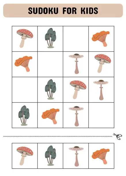 Vector illustration of Sudoku for children with mushrooms. An educational game for children. Children's activity sheet.