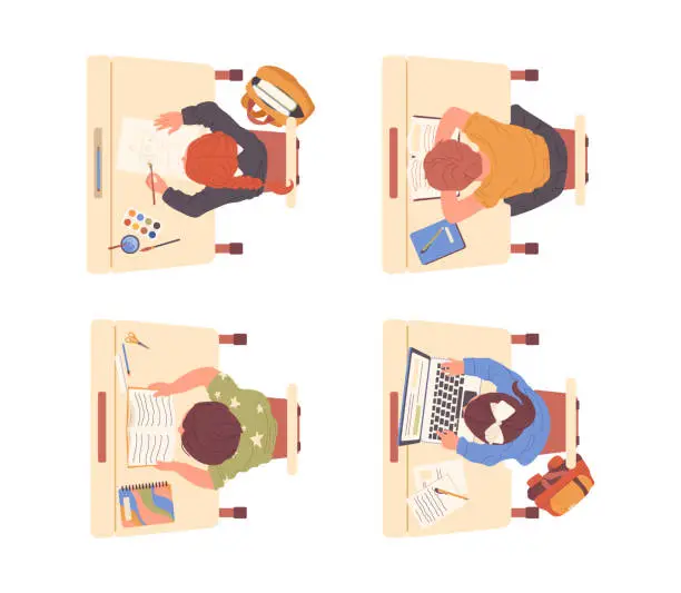 Vector illustration of Isolated of elementary school students studying and learning at classroom sitting at desk top view