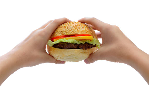 istock Hands holding sandwich, hamburger, fast food on white background 1968222590