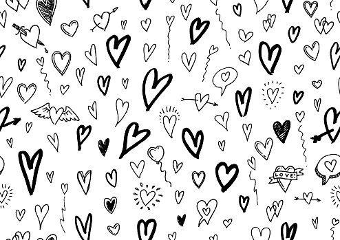 Fun valentines hearts sketchy doodles and child-like drawings seamless vector illustration background
