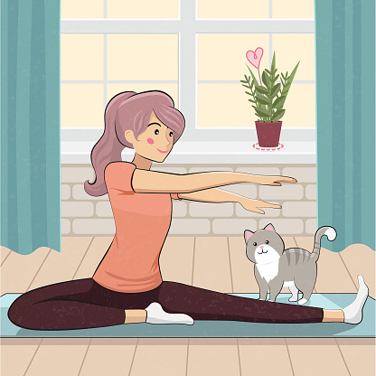 Vector illustration of a woman enjoying  being single, doing gymnastics, stretching, home training on the mat together with her cat, Valentine's Day alone, being happy without pair on February, 14