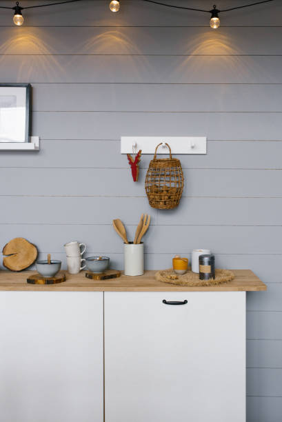 istock Modern minimalist white flat, scandinavian, kitchen design at home 1968250321