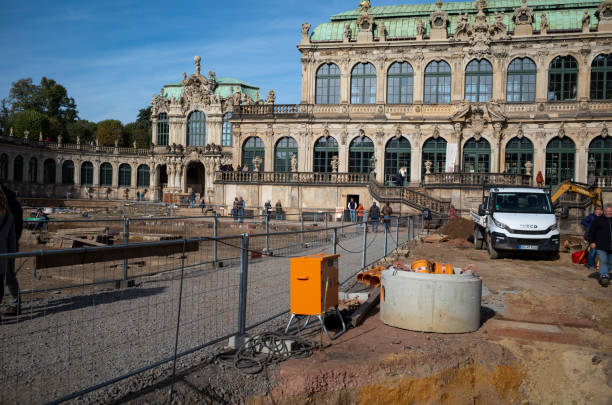 Various views of The Zwinger, in Dresden Germany, and the archeological site currently in progress.  The Zwinger is a palatial complex with gardens in Dresden, Germany. Designed by architect Matthäus Daniel Pöppelmann, it is one of the most important buildings of the Baroque period in Germany. Along with the Frauenkirche, the Zwinger is the most famous architectural monument of Dresden.The name \
