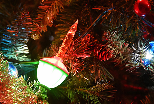 Bubble light on indoor Christmas tree.