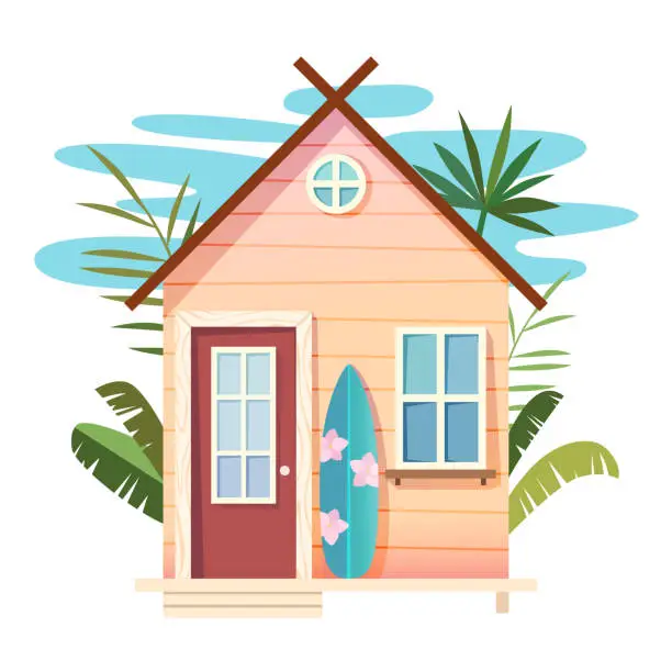 Vector illustration of Tiny beach house with surf board and palm trees. Wooden bungalow summertime illustration