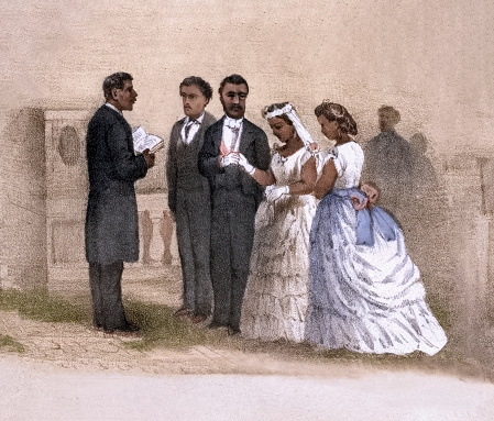 Vintage image features an African American wedding ceremony. Before the 14th Amendment to the Constitution, African Americans were prohibited from legally marrying, especially during the era of slavery. The 14th Amendment secures African Americans' right to marry through its Equal Protection Clause, preventing states from denying them equal legal protection. Landmark cases such as Loving v. Virginia (1967) further reinforced the Amendment's position, prohibiting state discrimination based on race or ethnicity and affirming the right of African Americans to marry without racial constraints.