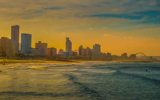 Durban golden mile beach with white sand and skyline KZN South Africa
