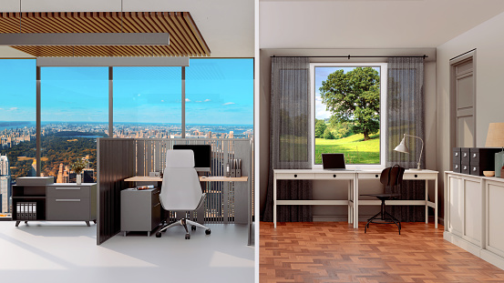 Concept of hybrid work. Split screen view of two different workplace. One is at home with a  window view to a garden. The other is an office with view to a big city.