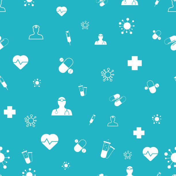 Medical vector illustration with icons and elements on blue background. Medical vector illustration with icons and elements on blue background. White icons, virus, heart, doctor, medicine and healthcare. Pattern for ads and text, space for copy doctor patterns stock illustrations